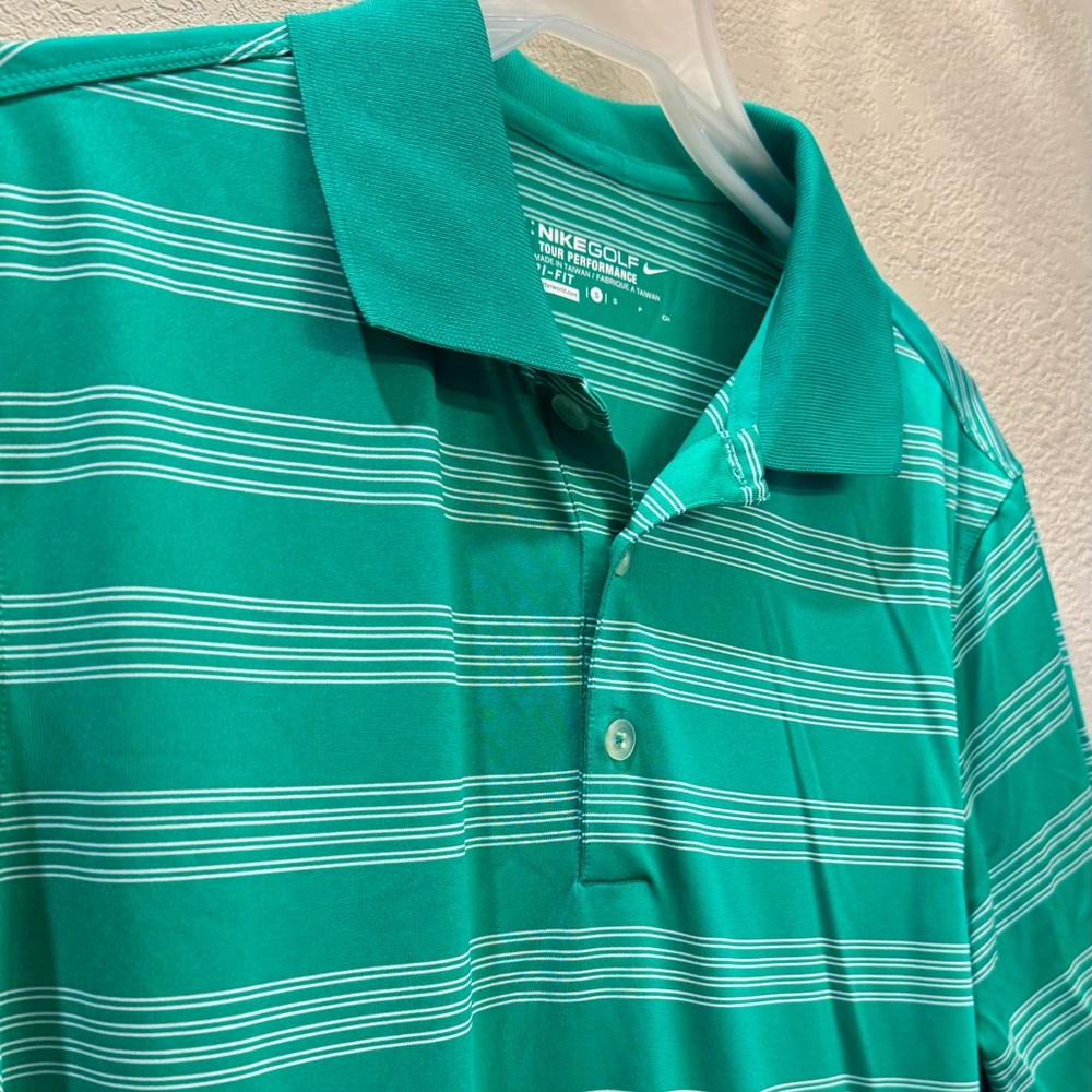 Nike Green Striped Men's size Small golf Shirt. Short sleeved. Great condbby